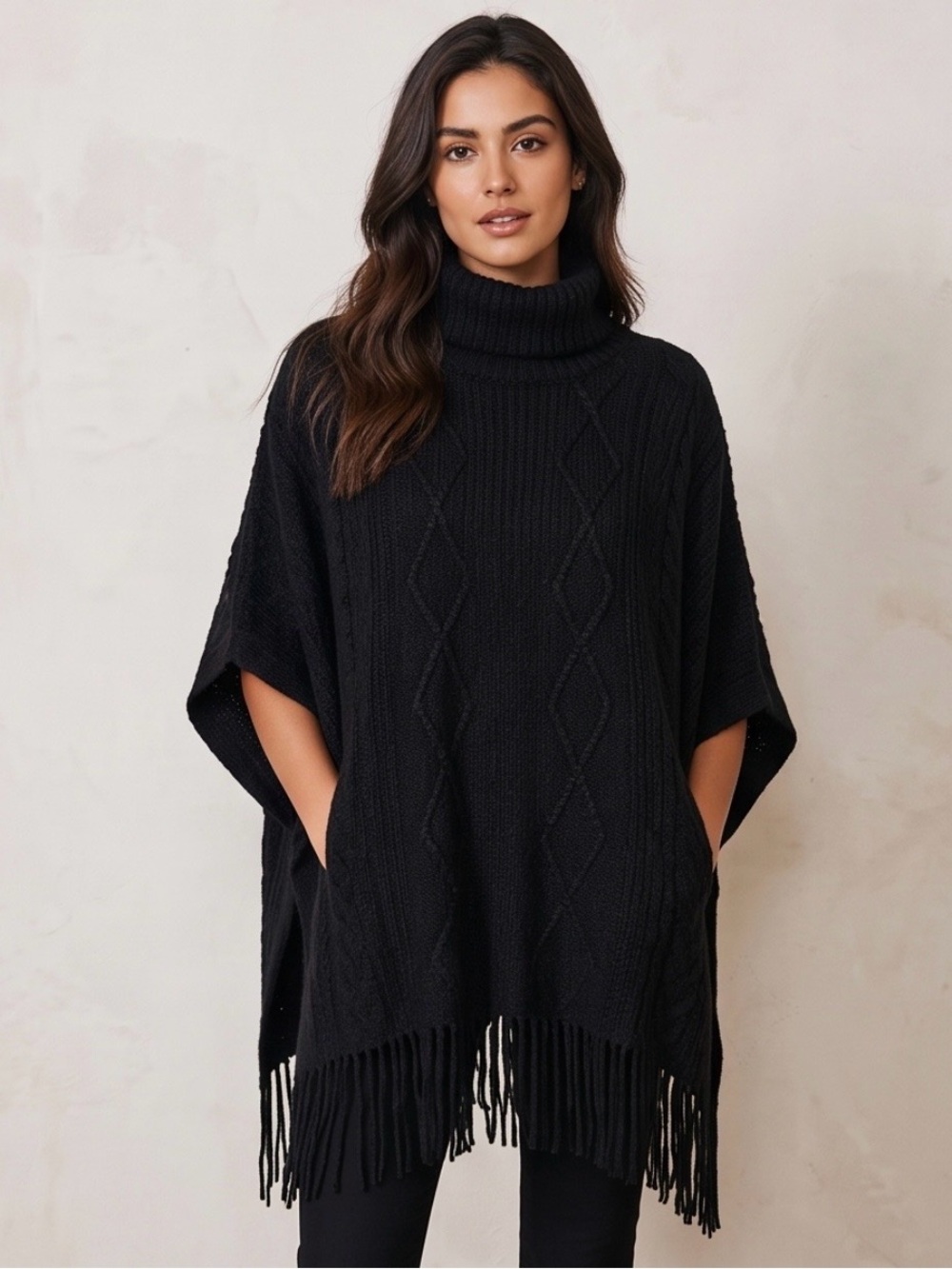 Time and Tru Black Geometric Cable Knit Fringe Poncho Sweater One Size